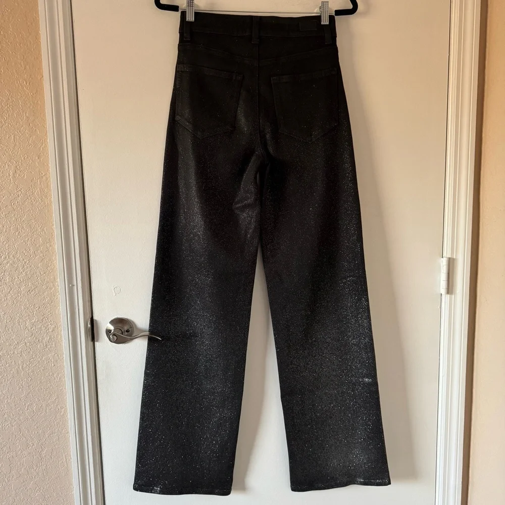 PAIGE Women's Sasha Coated Black Silver Glitter Luxe Wide-Leg Jeans Size 27
